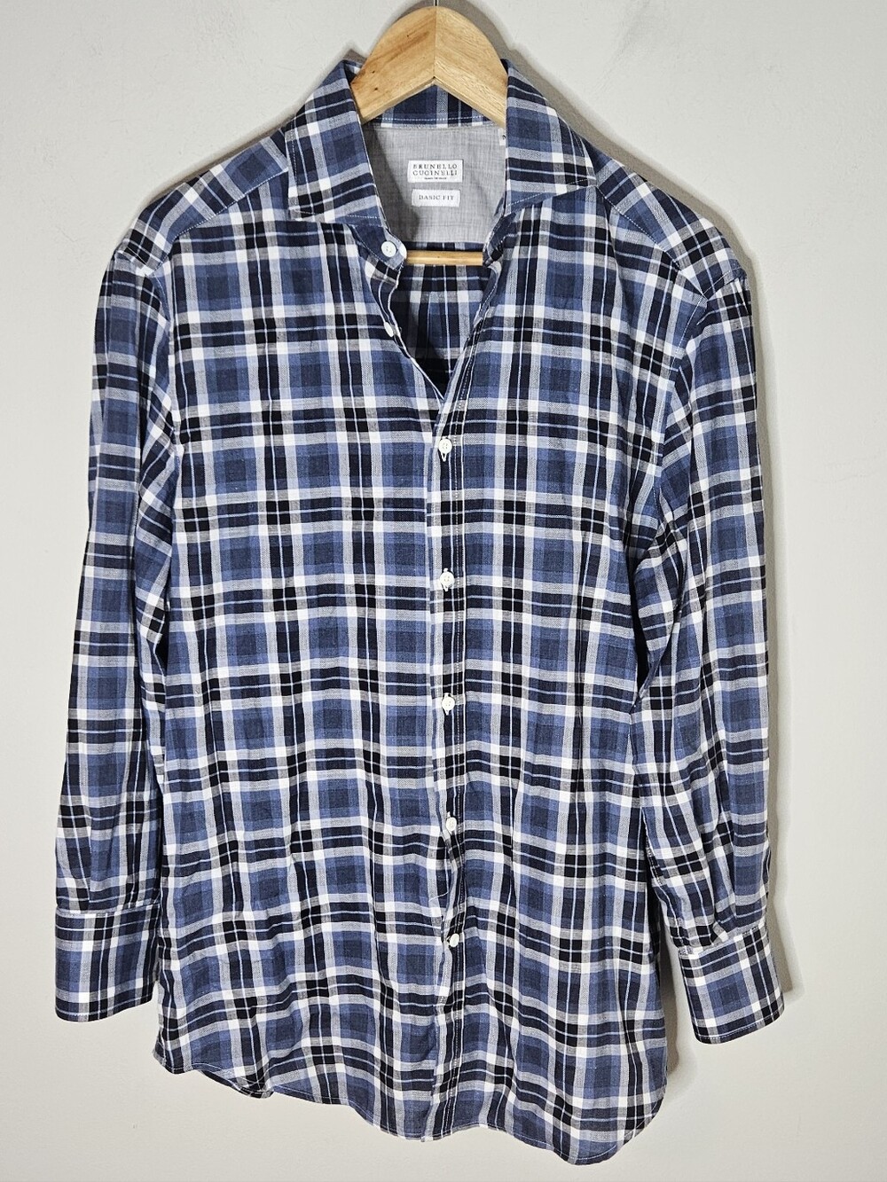 Brunello Cucinelli Plaid Cotton Button Down Shirt Men's M Medium Blue Gray